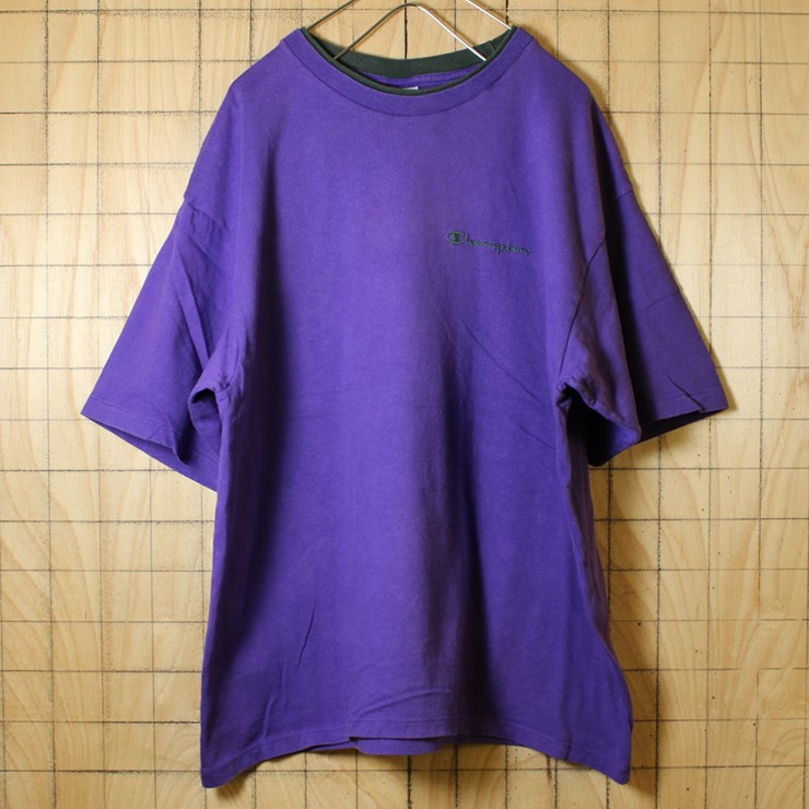 古着 Champion チャンピオン ワンポイント Tシャツ USA製 90s パープル 刺繍 半袖 メンズL ts489