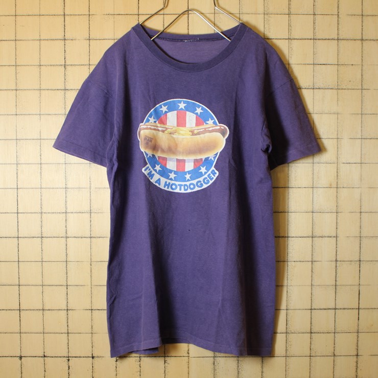 古着 プリント Tシャツ USA製 パープル プリント ホットドッグ 半袖 レディースサイズ ts492