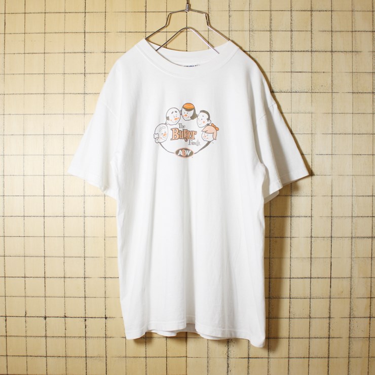 古着 ホワイト 両面プリント Tシャツ 半袖 A&W The Burger Family メンズM Gildan ギルダン カナダ製 ハンバーガー