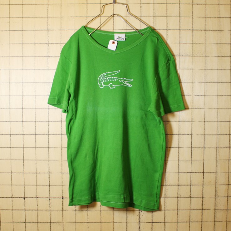 古着 フレンチラコステ Lacoste プリント Vネック Tシャツ 半袖 デカロゴ グリーン メンズM相当