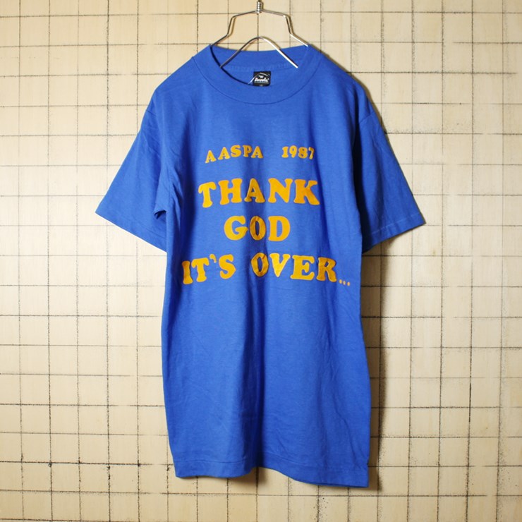 USA製 80s 古着 ブルー フロッキープリント Tシャツ 半袖 AASPA 1987 THANK GOD IT'S OVER... メンズM ANVIL アメリカ古着