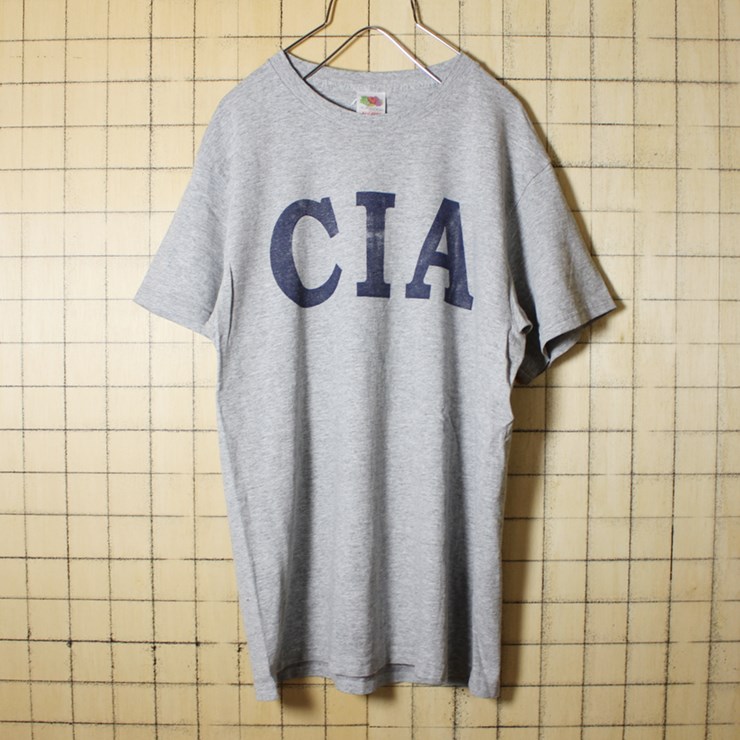古着 霜降り 杢 グレー プリント Tシャツ 半袖 CIA メンズM FRUIT OF THE LOOM アメリカ古着