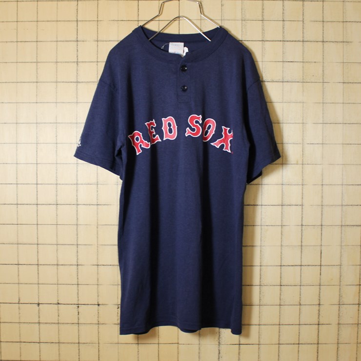 古着 ネイビー プリント ヘンリーネック Tシャツ 半袖 MLB REDSOX INTELLIQUICK 9 レッドソックス メンズS Majestic アメリカ古着