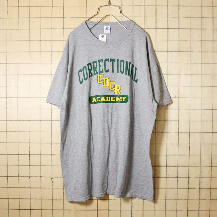 古着 霜降り 杢 グレー プリント Tシャツ 半袖 CORRECTIONAL CDCR ACADEMY メンズL RUSSELL ATHLETIC