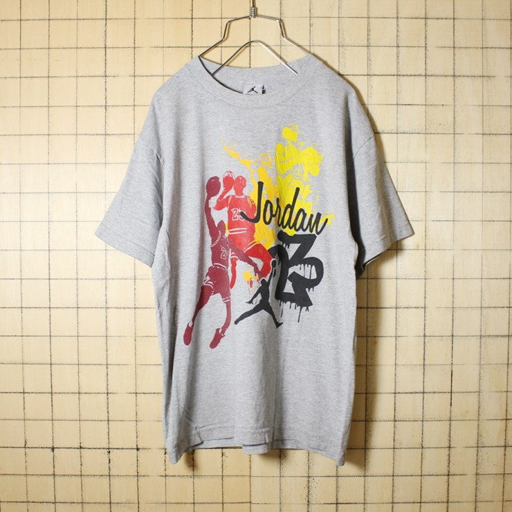 古着 霜降り 杢 グレー プリント Tシャツ 半袖 Jordan 23 シルエット ジャンプマン メンズM相当 アメリカ古着