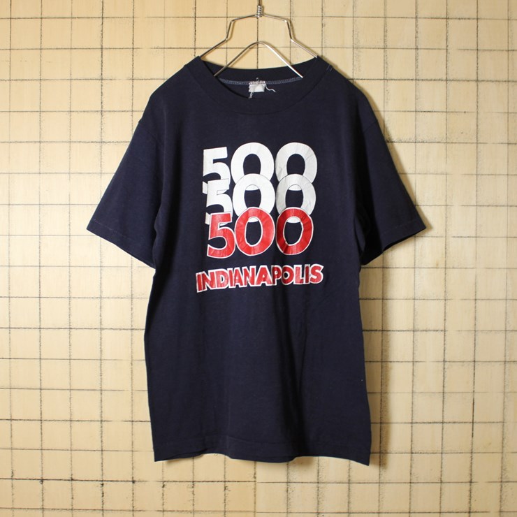 USA製 古着 ネイビー プリント Tシャツ 半袖 500 INDIANAPOLIS インディ500 メンズS LOGO7 モーター系 アメリカ古着