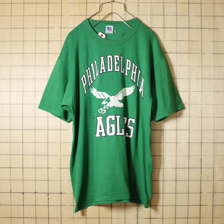 USA製 80s 古着 グリーン プリント Tシャツ 半袖 PHILADELPHIA EAGLES メンズL RUSSELL ATHLETIC アメリカ古着