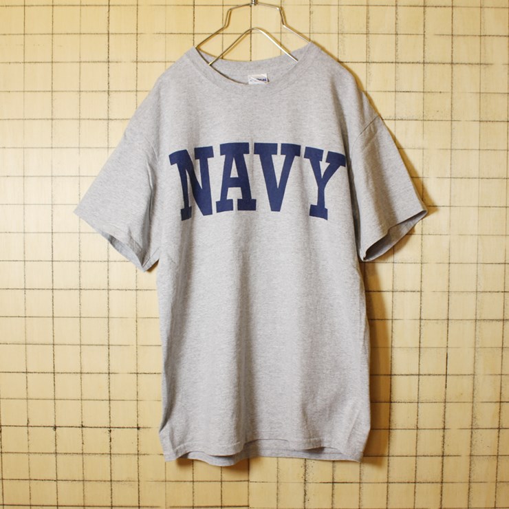 古着 霜降り 杢 グレー プリント Tシャツ 半袖 NAVY メンズM GILDAN