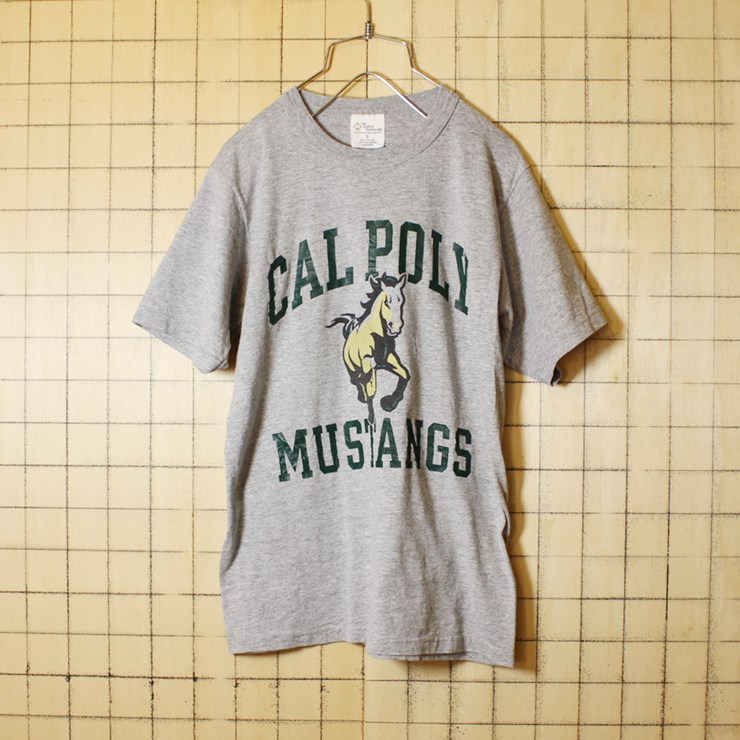 USA製 古着 霜降り 杢 グレー カレッジプリント Tシャツ 半袖 CAL POLY MUSTANGS メンズS The Cotton Exchange アメリカ古着