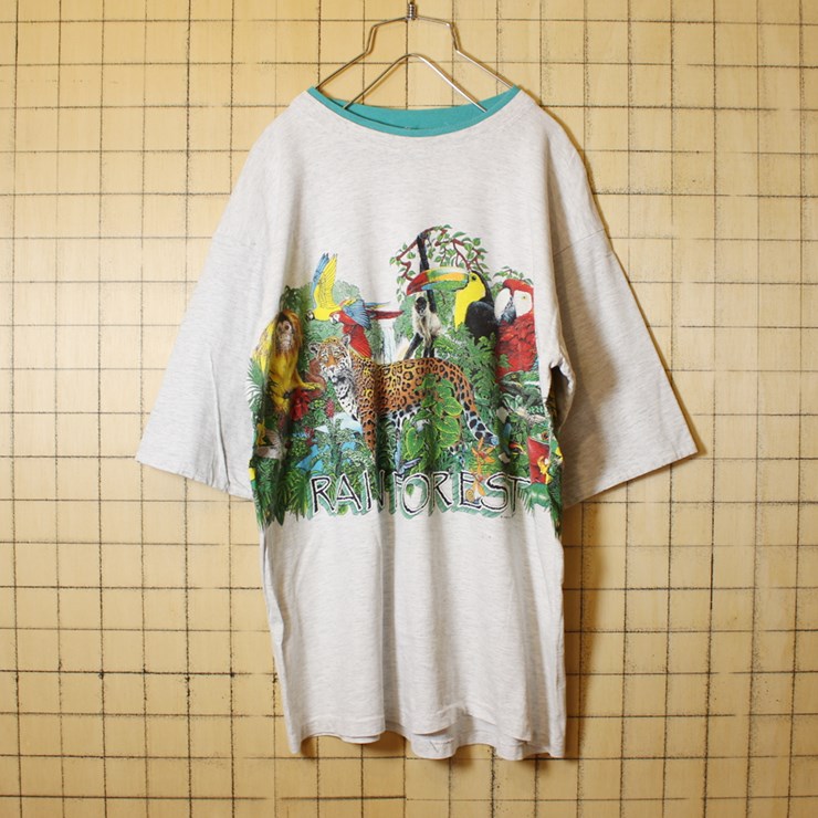 USA製 古着 霜降り 杢 グレー アニマル プリント Tシャツ 半袖 ヒョウ カエル インコ RAINFOREST メンズL Alore アメリカ古着