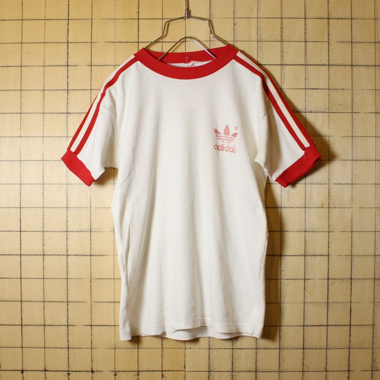 古着 80s USA製 アディダス adidas プリント リンガーTシャツ 半袖 ホワイト レッド レディースM相当 トレフォイル