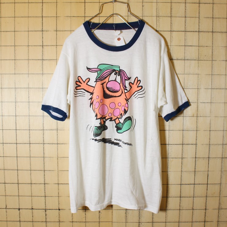 古着 70s USA製 MAGIC MOUNTAIN プリント リンガーTシャツ 半袖 ホワイト メンズS相当