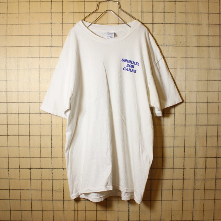 古着 80s USA製 サメ ジョーズ 両面プリント Tシャツ 半袖 ホワイト メンズL Hanes ヘインズ SNORKEL BOB CARES