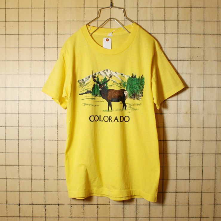 古着 USA製 ヘラジカ COLORADO プリント Tシャツ 半袖 イエロー メンズS SCREEN STARS