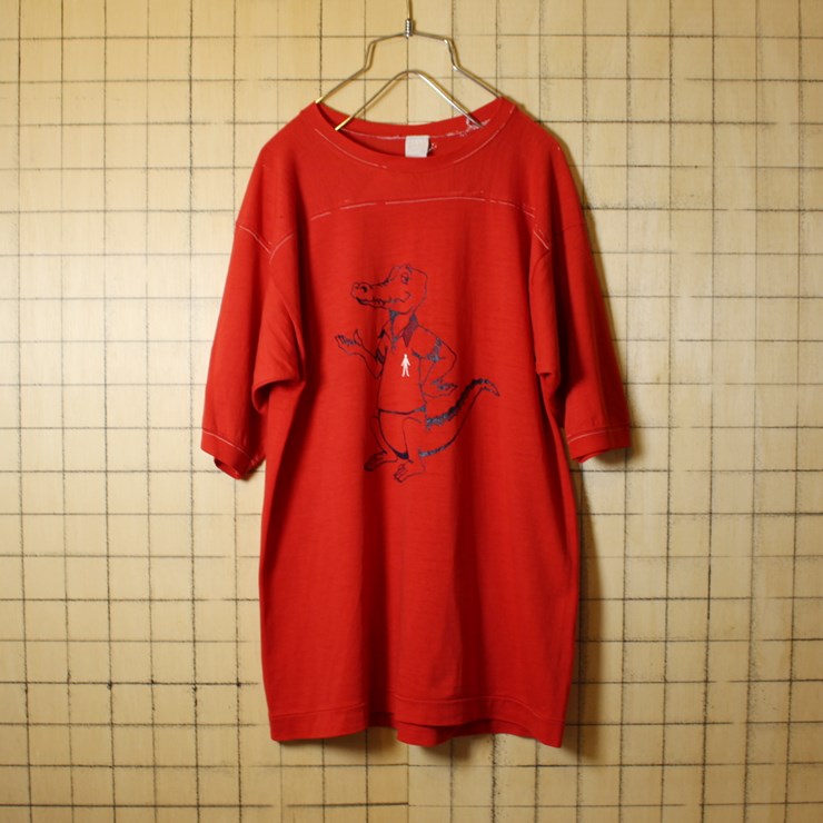 古着 70s USA製 ワニ プリント フットボールTシャツ 半袖 レッド メンズL Sportswear