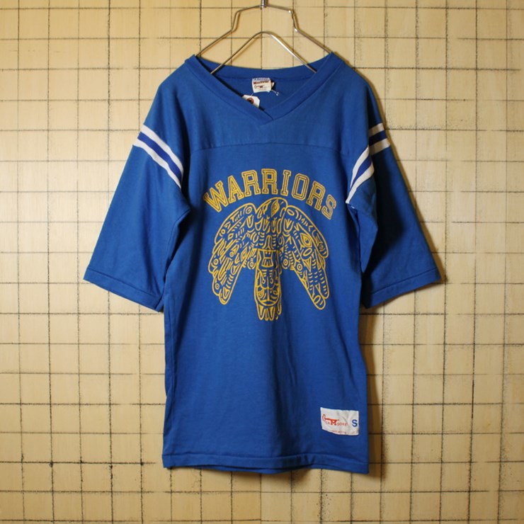 古着 USA製 Moorewear プリント WARRIORS Vネック Tシャツ 半袖 5部袖 ブルー サイズS レディース