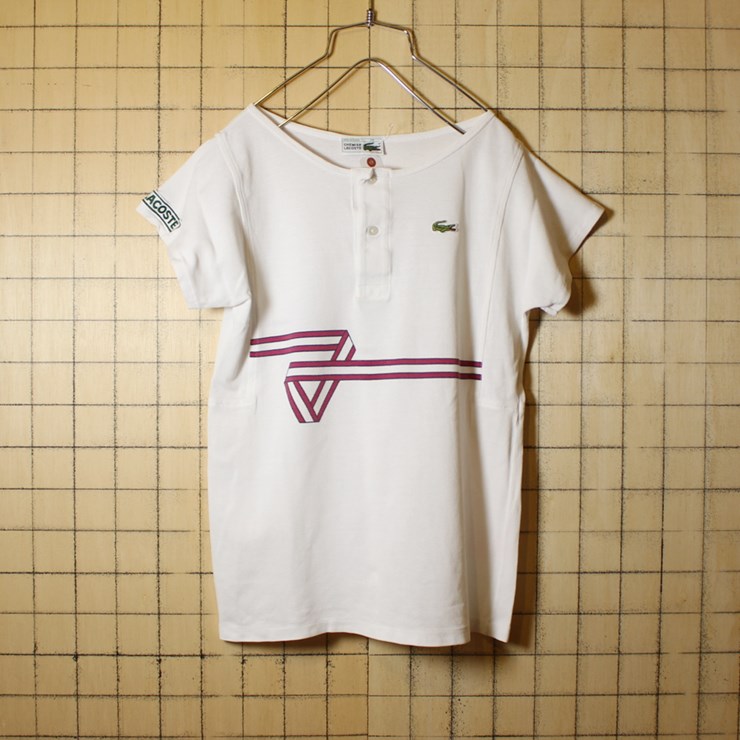 古着 フランス製 70s フレンチラコステ Lacoste ワンポイント 鹿の子 プリント Tシャツ カットソー 半袖 ホワイト サイズ38 レディースM相当