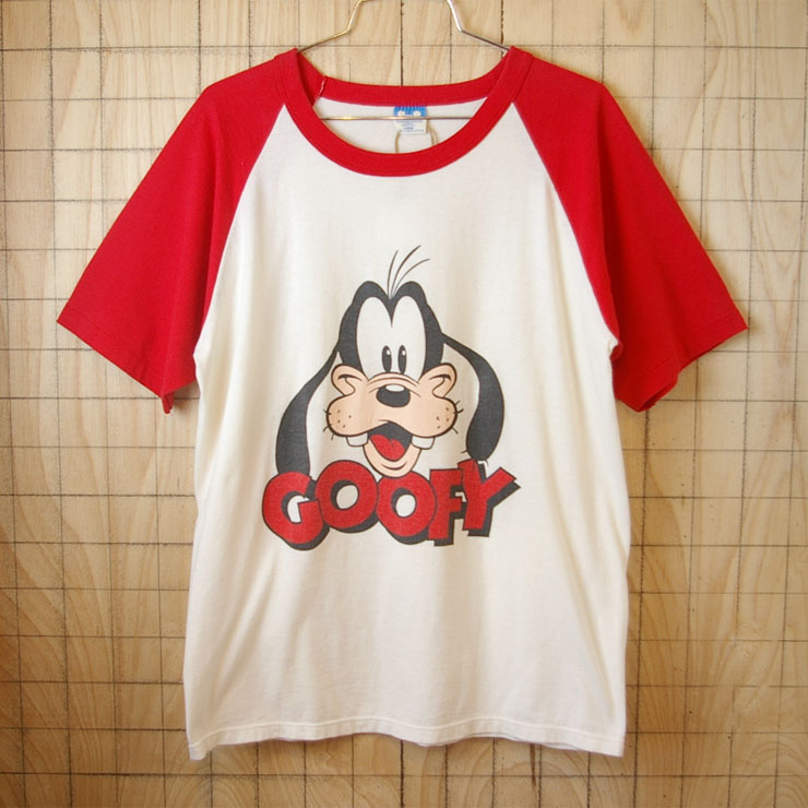 【DISNEY】ディズニー古着USA製GOOFYグーフィー赤×白(レッド×ホワイト)ラグランスリーブ半袖Tシャツ|メンズL