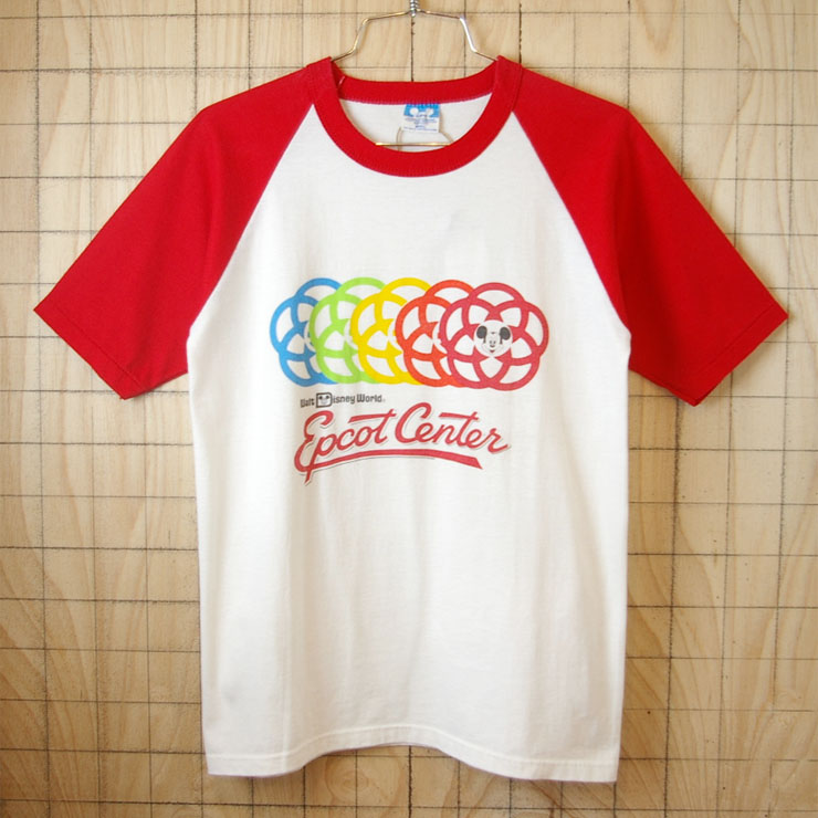 【DISNEY】ディズニー古着USA製Mickey MouseミッキーマウスWalt Disney World Epcot Center赤×白(レッド×ホワイト)ラグランスリーブ半袖Tシャツ|メンズS