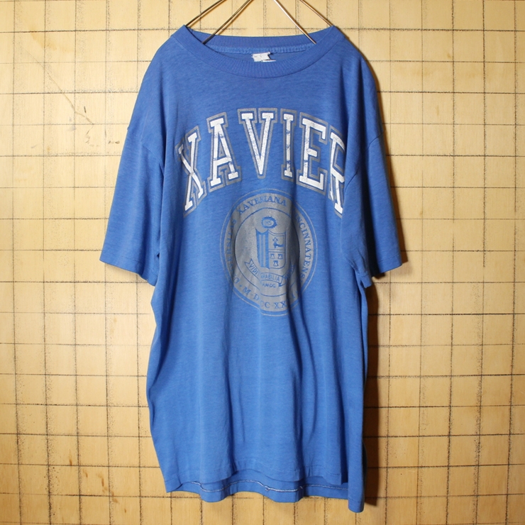 70s 80s USA製 ARTEX XAVIER プリント Tシャツ ブルー 青 メンズL アメリカ古着