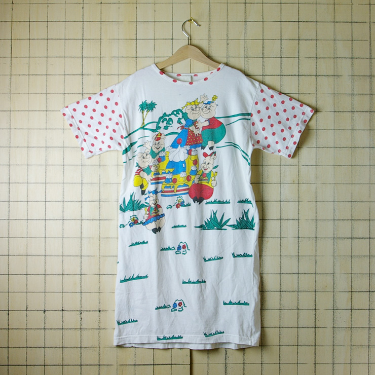 古着(used)白×赤(ホワイト×レッド)水玉ドットPig(ぶた)レディース・キッズプリントワンピースTシャツ