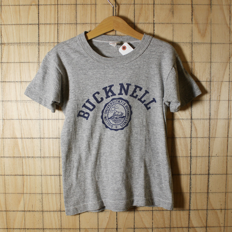 championランタグ/60sビンテージ古着/霜降り杢グレー/Bucknell  Universityキッズカレッジ染み込みプリントTシャツ/キッズ110cm相当