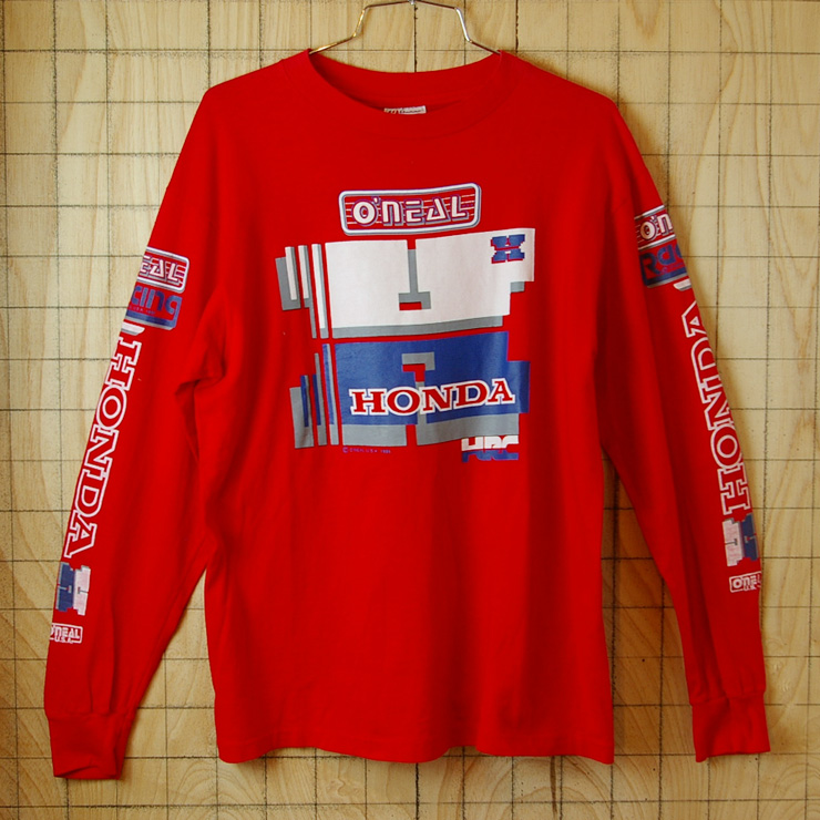 【Hanes】USA製80sビンテージ古着レッドO'NEAL HONDAモーター系プリントTシャツ