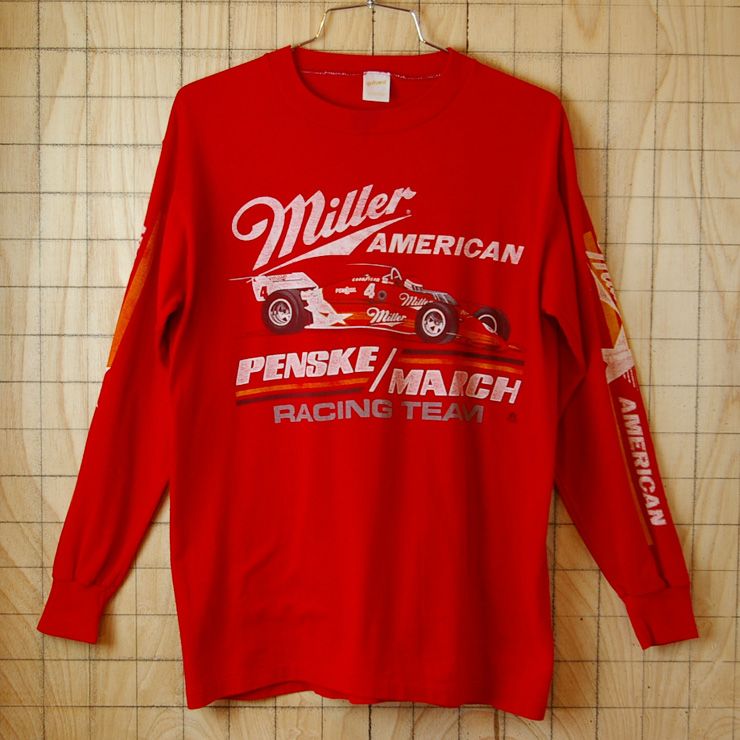 【Sportswear】USA製80sビンテージ古着レッドMillerAmericanモーター系プリントTシャツ