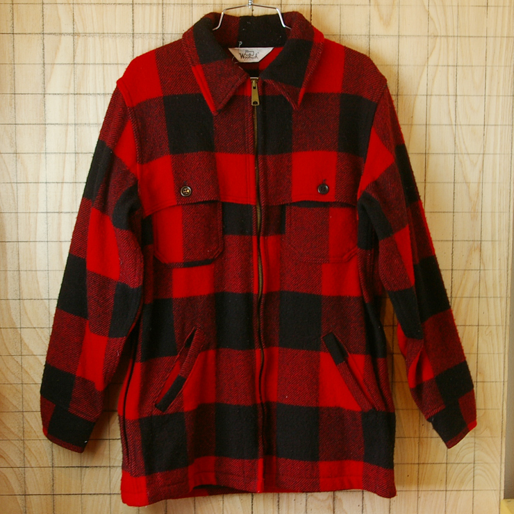 US古着Woolrich70'sビンテージレッド×ブラック(赤×黒)バッファローチェックフルジップシャツ・マッキーノジャケット【ウールリッチ】