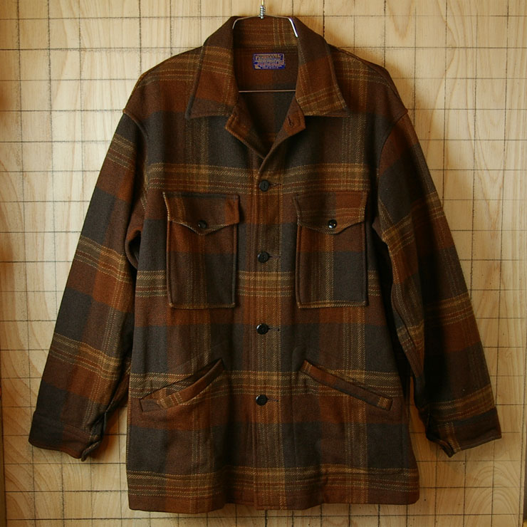 【PENDLETON】USA製70sビンテージ古着ブラウン長袖メンズチェックウールシャツ|ウールジャケット|メンズM