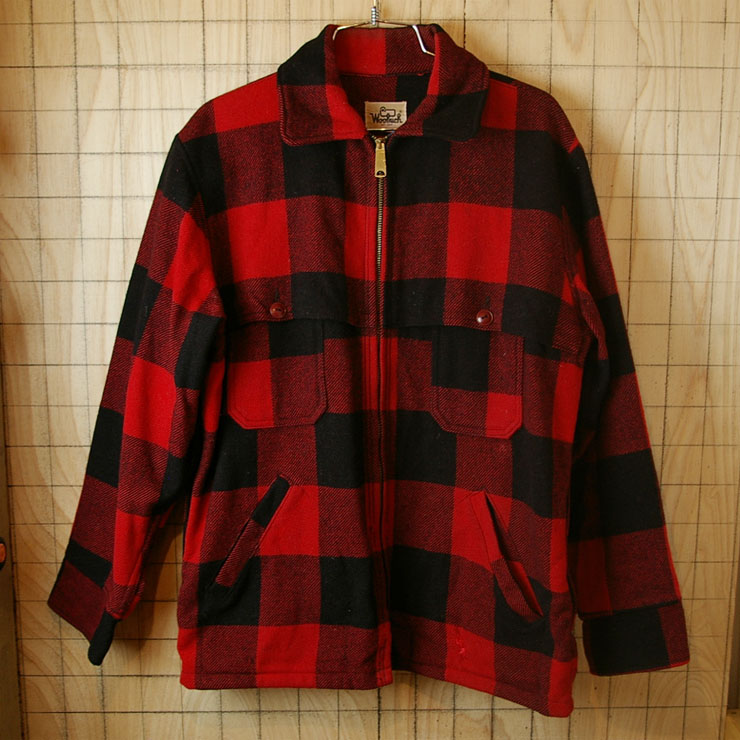 【Woolrich】USA製70'sビンテージ古着レッド×ブラック(赤×黒)バッファローチェックフルジップシャツ・マッキーノハンティングジャケット|メンズM相当