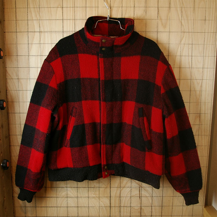 【Woolrich】USA製70'sビンテージ古着レッド×ブラック(赤×黒)バッファローチェックフルジップウールボアジャケット|メンズLサイズ