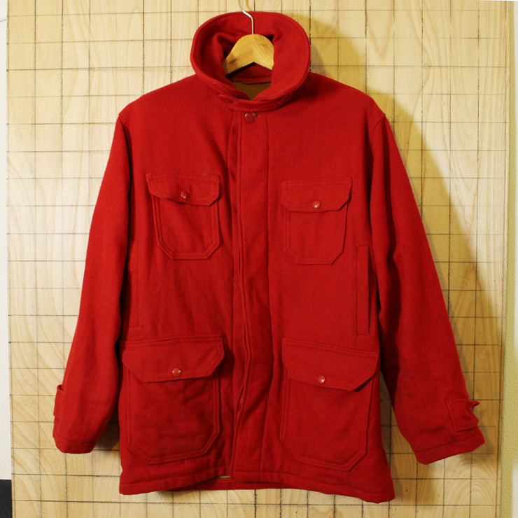 【woolrich】USA製60s-70sビンテージ古着レッドチンストラップウールハンティングマッキーノジャケット|メンズM相当