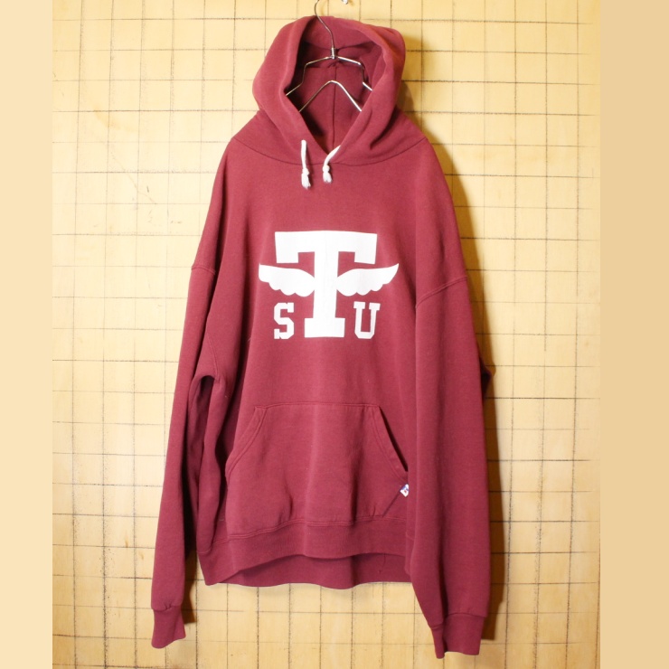 80s 90s RUSSELL ATHLETIC プリント スウェット パーカー ボルドー レッド メンズL ラッセルアスレティック フーディ アメリカ古着