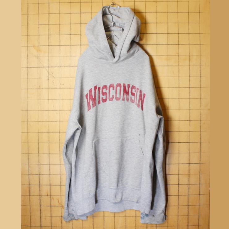 80s 90s GILDAN WISCONSIN カレッジプリント スウェット パーカー グレー メンズM ギルダン フーディ アメリカ古着